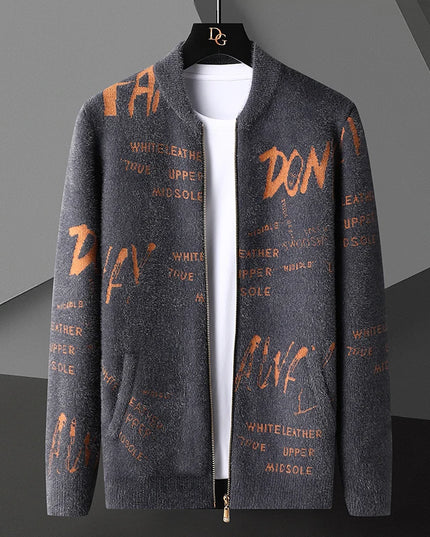 Retro Jacquard Men's Cardigan Jacket with Stand-Up Collar