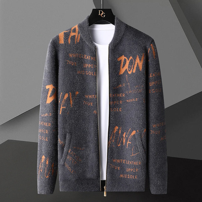 Retro Jacquard Men's Cardigan Jacket with Stand-Up Collar