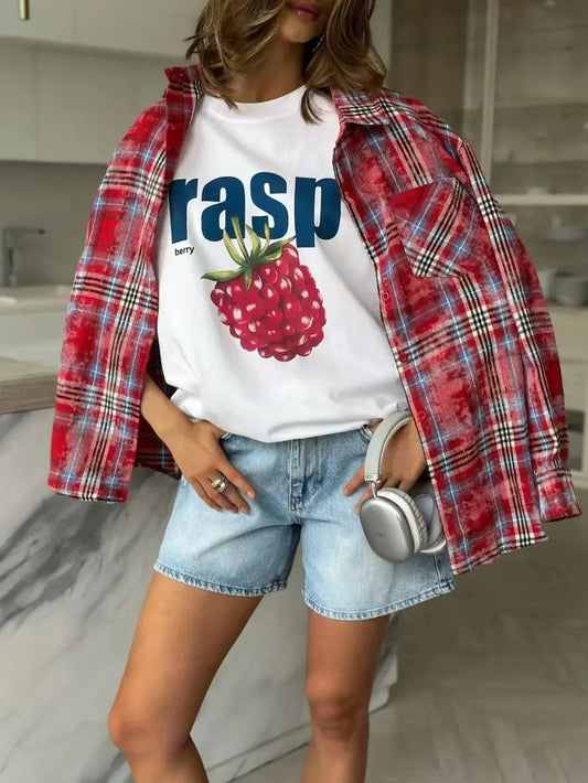 Women's Casual Loose Fit Pure Cotton Rasp Print T-Shirt