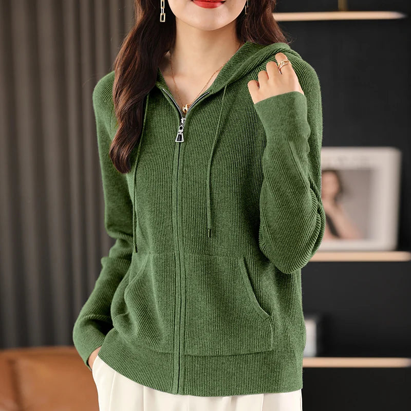 Women's Wool Blend Hoodie Sweater - Thick Knitted Zipper Cardigan with Hood