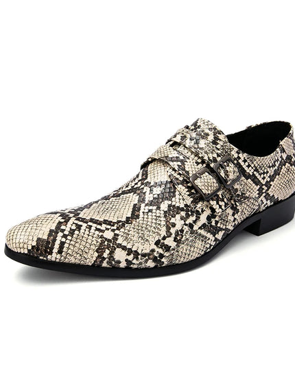 Men's Snake Print Double Buckle Pointed Toe Dress Shoes