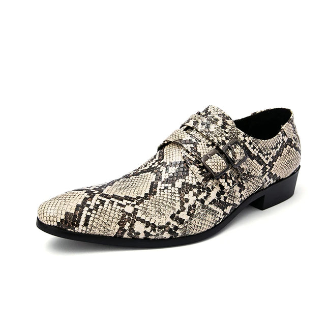 Men's Snake Print Double Buckle Pointed Toe Dress Shoes