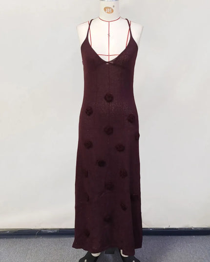 Women's Elegant 3D Flower Knitted Maxi Dress with Lace-Up Design