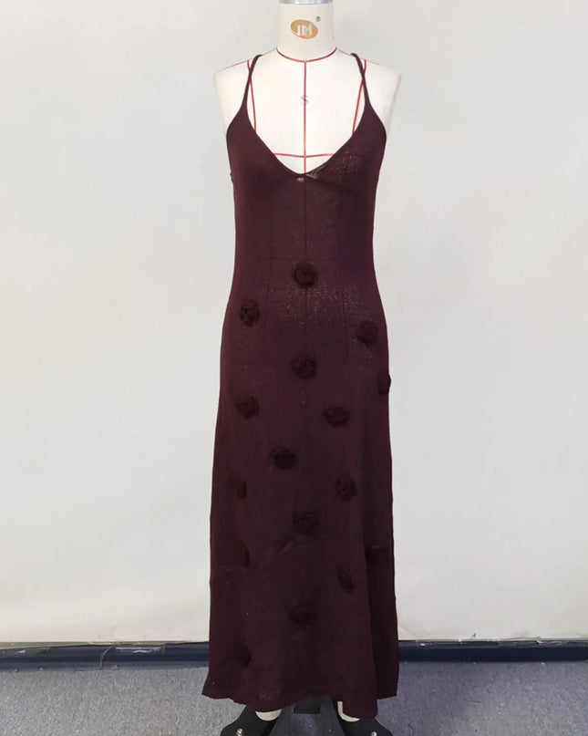 Women's Elegant 3D Flower Knitted Maxi Dress with Lace-Up Design