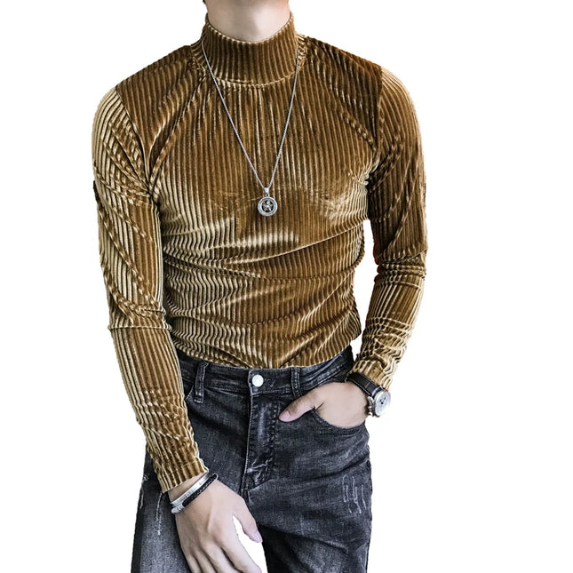 Men's Slim Fit Long Sleeve Stripe Sweater with Half Turtleneck