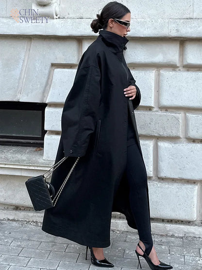 Women's Chic Long Sleeve Trench Coat with Stand Collar and Loose Fit