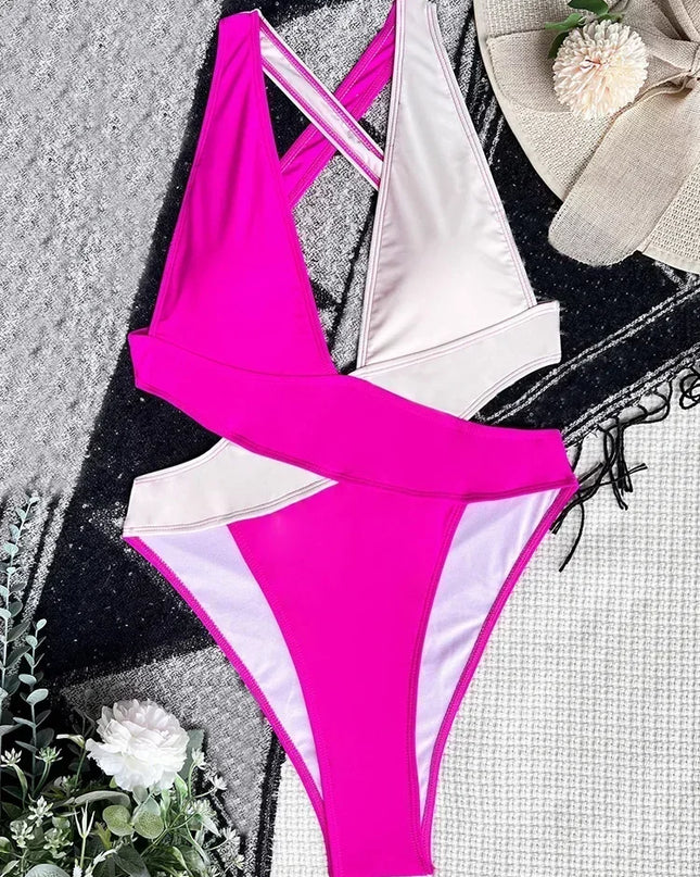 Women's Deep V Neck Cross Backless One-Piece Swimsuit - High Cut, Stylish & Flattering Swimwear