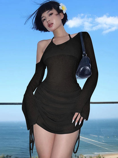 Women's Ruched Straps Lace-Up Sheer See-Through Drawstring Mini Dress