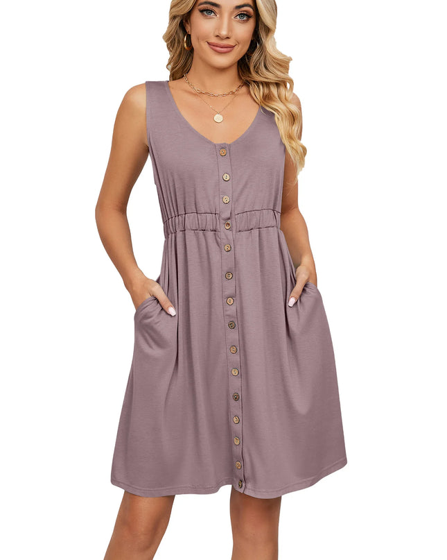 Women’s Sleeveless Button-Down Dress with Elastic Waist – Swing Style, Loose Fit