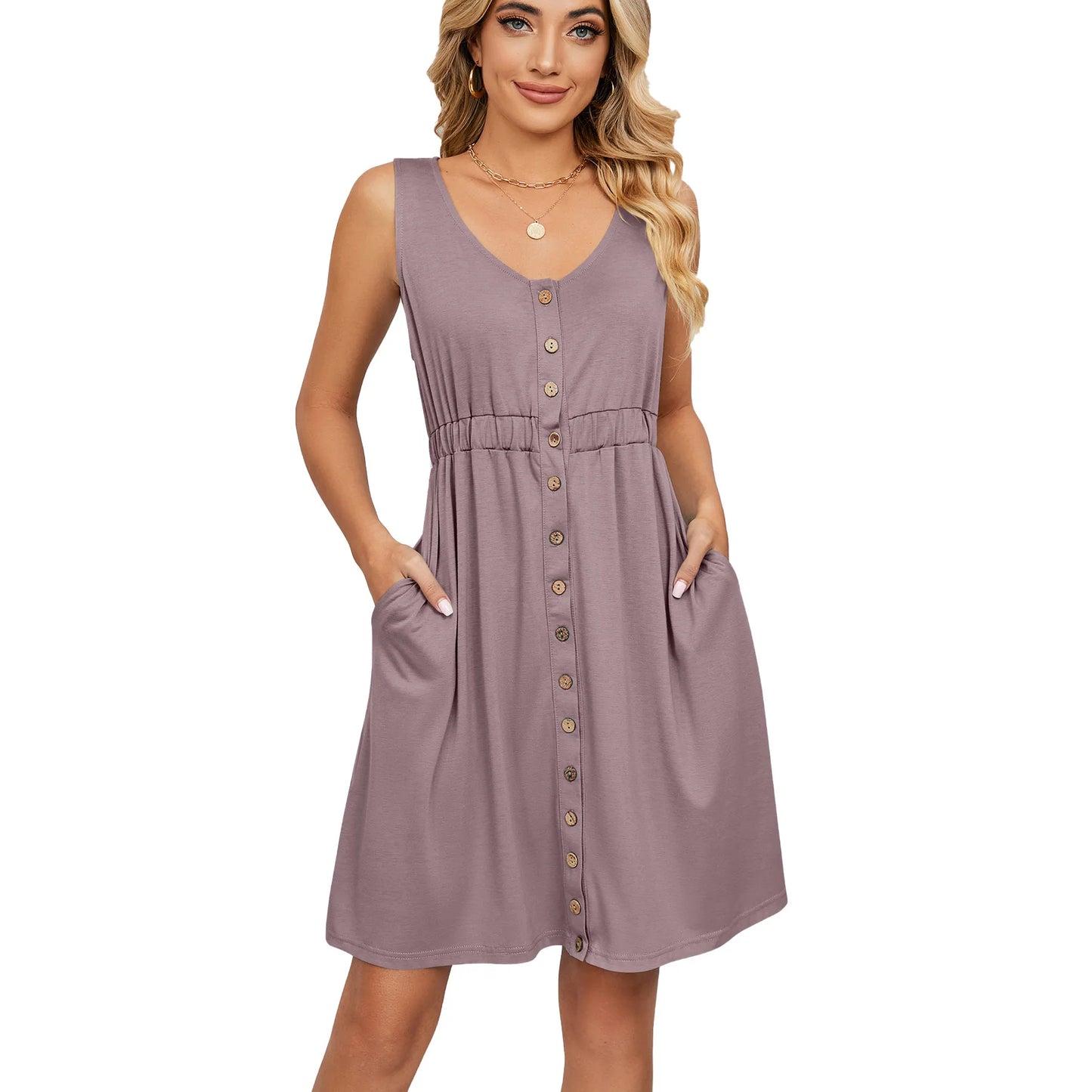 Women’s Sleeveless Button-Down Dress with Elastic Waist – Swing Style, Loose Fit