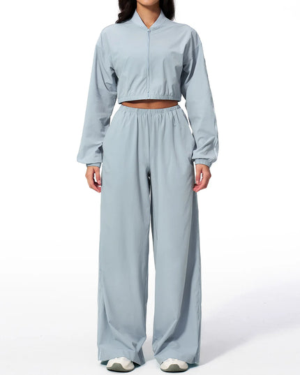 Women’s Two-Piece Set: Zipper Hooded Cropped Jacket and Wide-Leg Pants