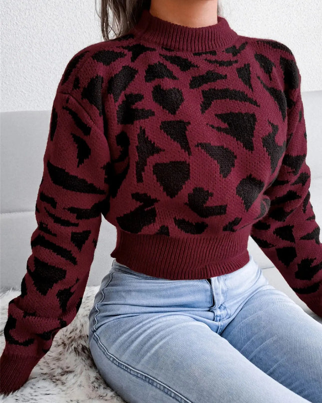 Women's Long Sleeve Knitted Sweater with Leopard Print