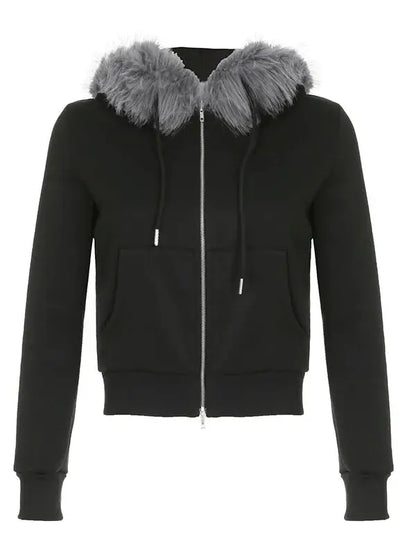 Women's Faux Fur Patchwork Hooded Jacket with Letter Embroidery and Zipper
