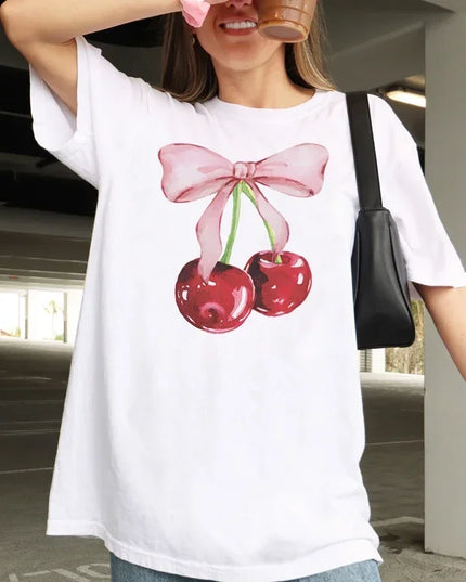 Women's Cherry Print Retro T-Shirt - Loose Half-Sleeve Top