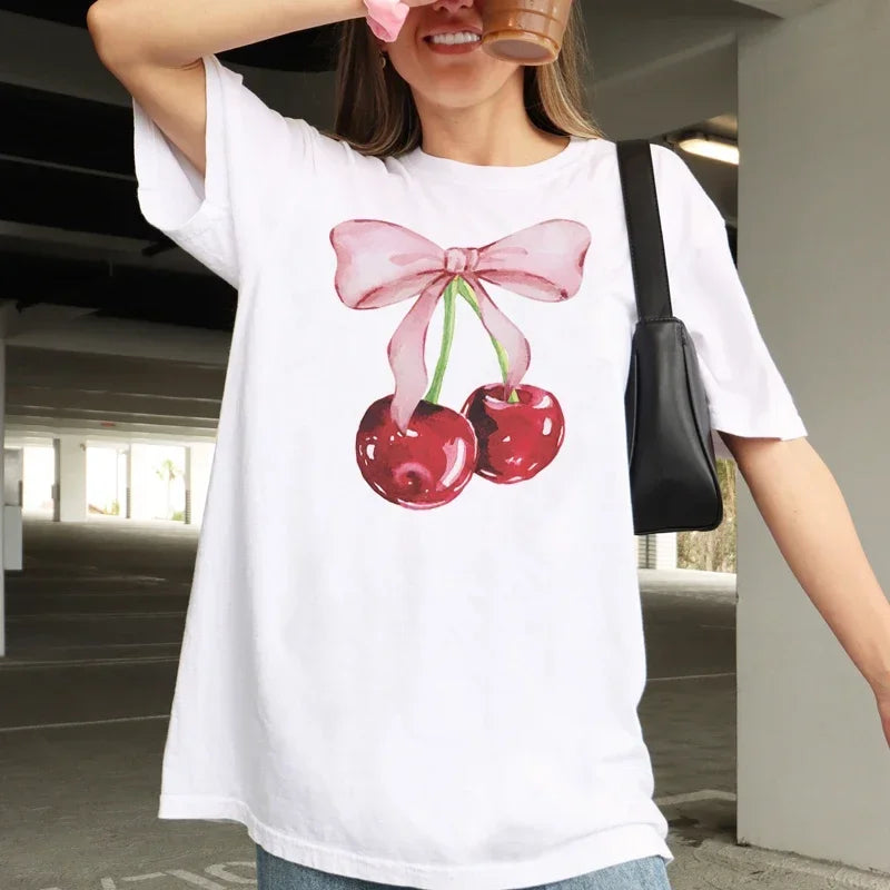 Women's Cherry Print Retro T-Shirt - Loose Half-Sleeve Top
