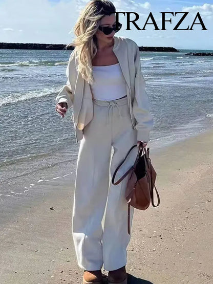 TRAFZA Women's 2-Piece Retro Zipper Jacket & High-Waisted Lace-Up Loose Pants Set