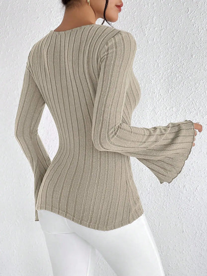 Women's Long-Sleeve V-Neck Slim Fit Striped Sweater