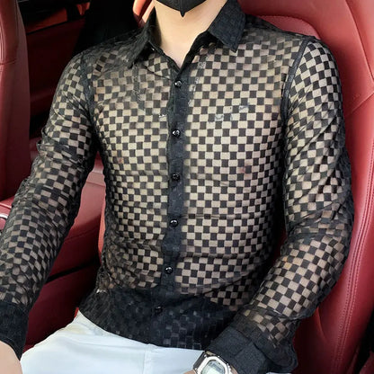 Men's Long Sleeve Plaid Shirt - Slim Fit Button-Down with Hollow Out Design