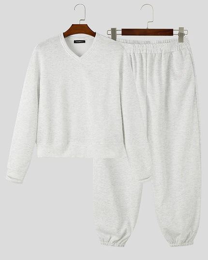 INCERUN Men’s Loose-Fit Two-Piece Set with V-Neck Long-Sleeve Top and Pants