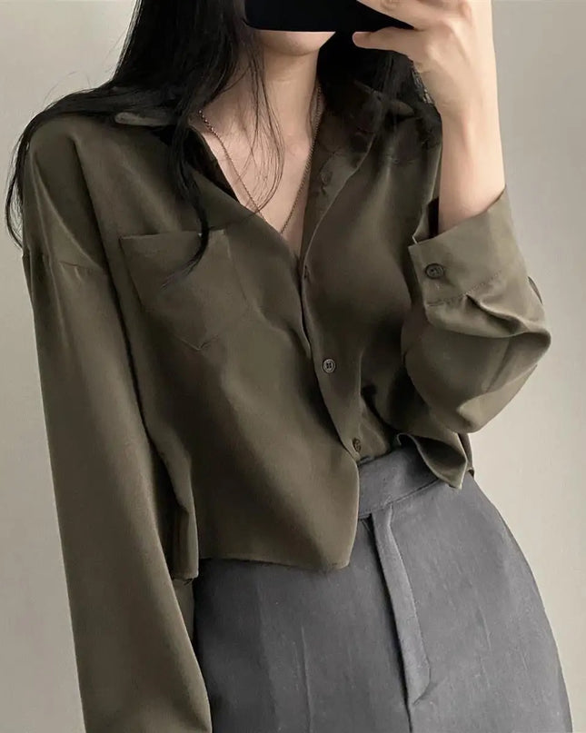 Women's Loose Fit Single-Breasted Solid Long-Sleeve Casual Shirt