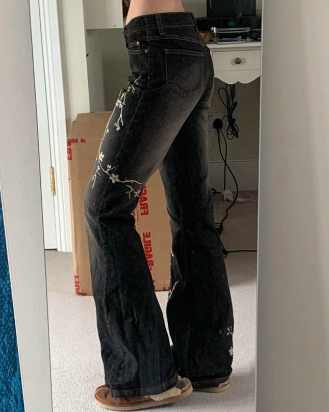 Women's Floral Embroidered Low Rise Flared Denim Jeans