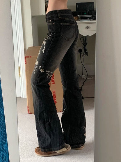 Women's Floral Embroidered Low Rise Flared Denim Jeans