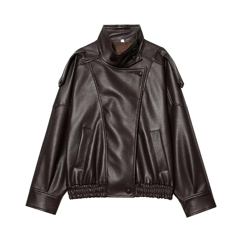 Women's Faux Leather Loose Jacket with Stand Collar and Zipper