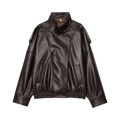 Women's Faux Leather Loose Jacket with Stand Collar and Zipper