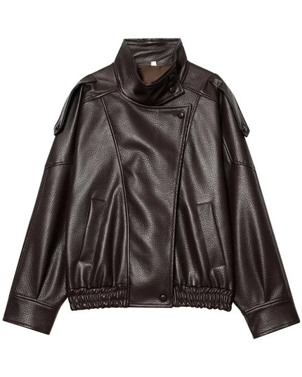 Women's Faux Leather Loose Jacket with Stand Collar and Zipper