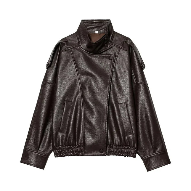Women's Faux Leather Loose Jacket with Stand Collar and Zipper