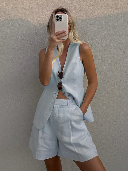 Women's Cotton Linen 2-Piece Vest and Shorts Set