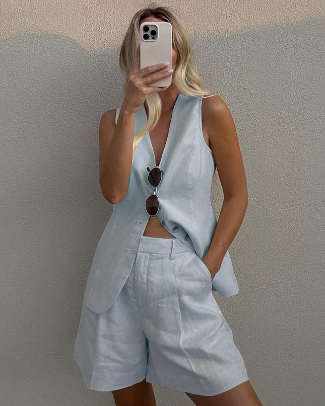 Women's Cotton Linen 2-Piece Vest and Shorts Set