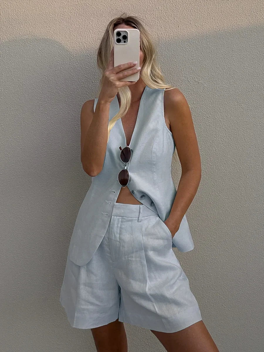 Women's Cotton Linen 2-Piece Vest and Shorts Set