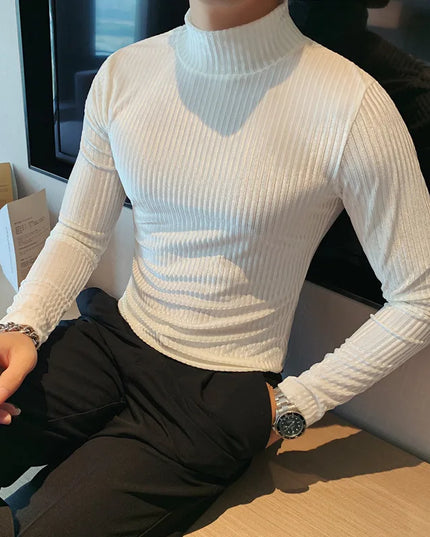Men's Slim Fit Long Sleeve Stripe Sweater with Half Turtleneck