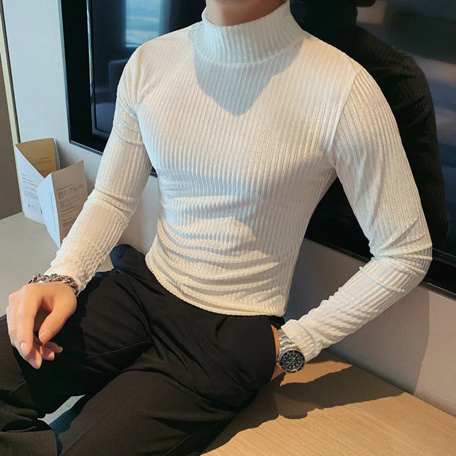 Men's Slim Fit Long Sleeve Stripe Sweater with Half Turtleneck