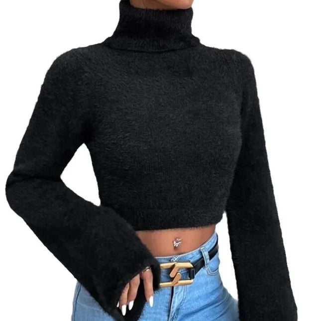 Women's Short Flare Sleeve Mock Neck Cropped Knit Sweater