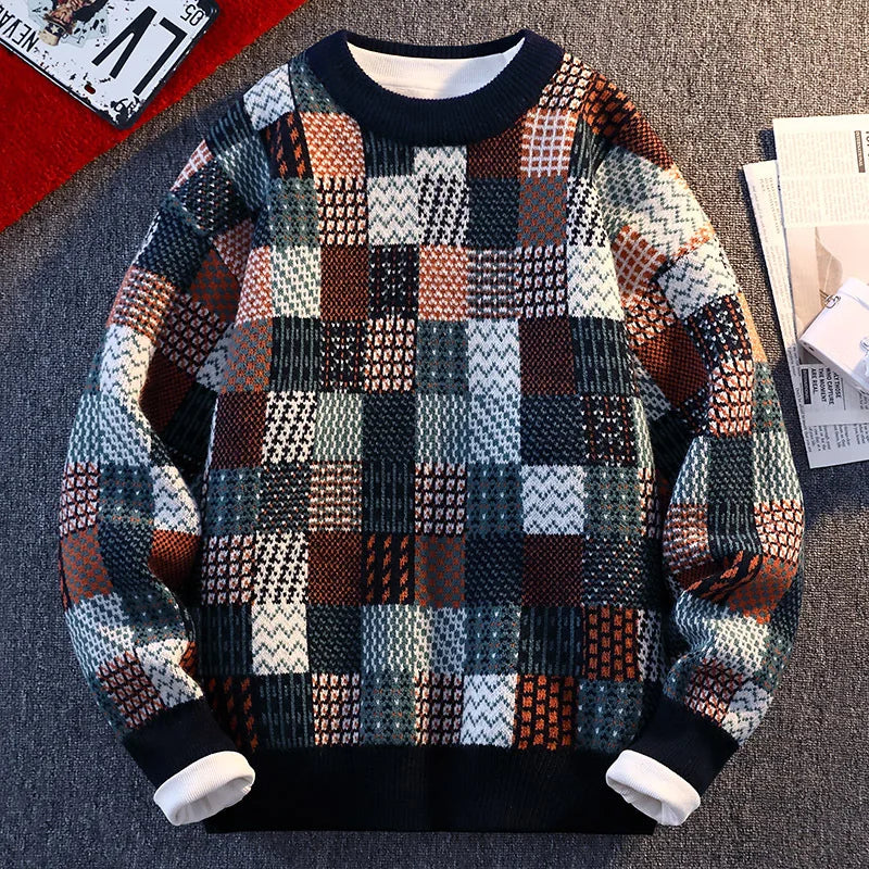 Multicolored checkered sweater on a textured surface