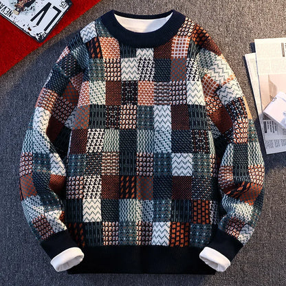 Multicolored checkered sweater on a textured surface