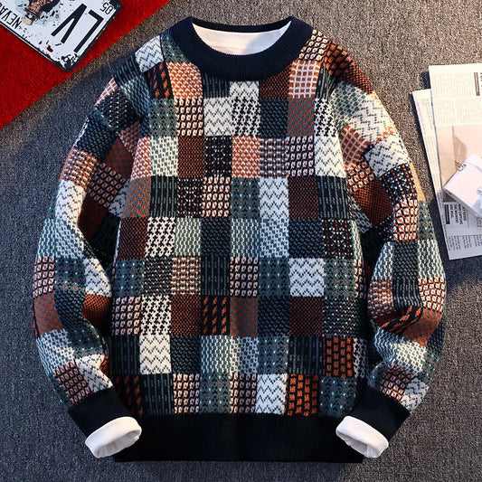 Multicolored checkered sweater on a textured surface