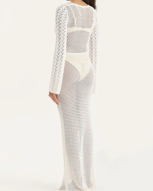 Women's Knit Swimsuit Cover-Up with V-Neck & Hollow-Out Design – Long Sleeve Beach Maxi Dress