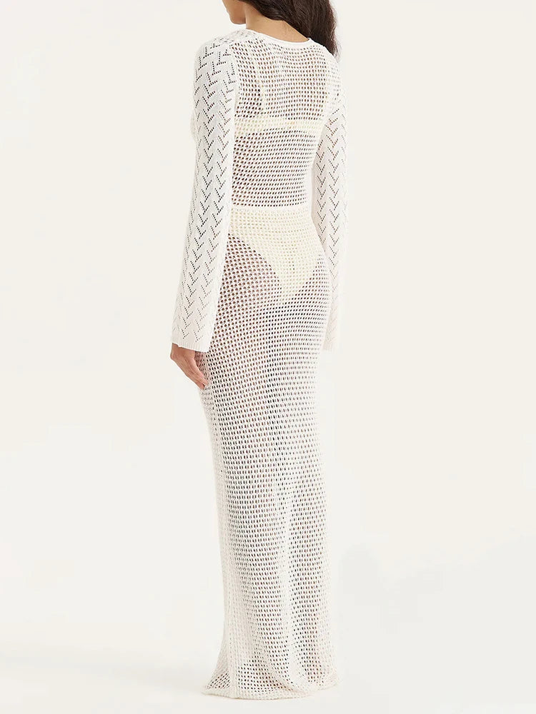 Women's Knit Swimsuit Cover-Up with V-Neck & Hollow-Out Design – Long Sleeve Beach Maxi Dress