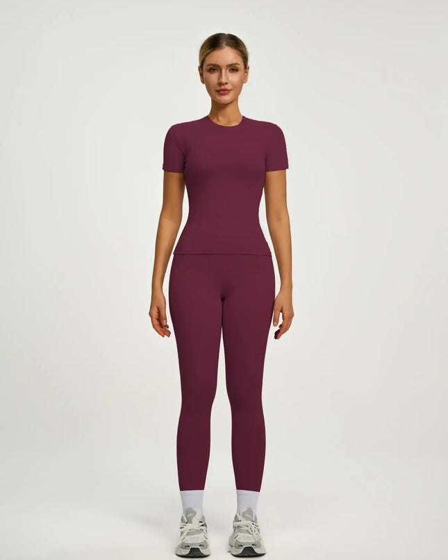 Women's  Short Sleeve Set with High-Waist Yoga Pants and T-Shirt Set