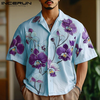 Incerun Men's Floral Print Short Sleeve Shirt with Lapel, Button-Down, Loose Fit