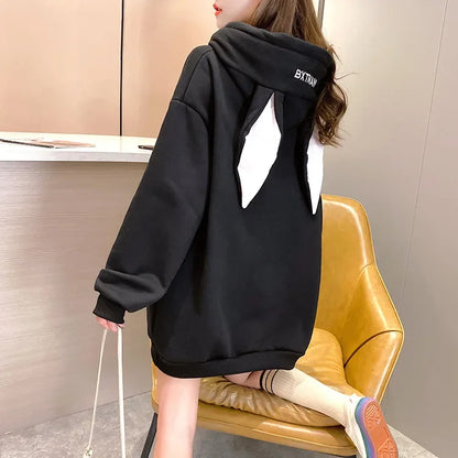 Women’s Fleece Thicken Hooded Pullover Sweater with Rabbit Ear Design