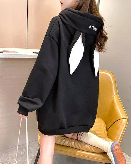Women’s Fleece Thicken Hooded Pullover Sweater with Rabbit Ear Design