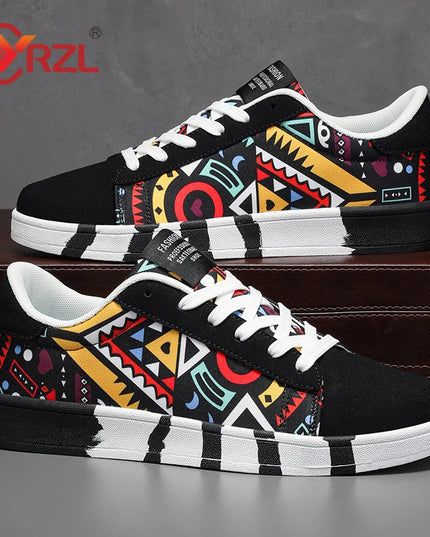 YRZL Men's Canvas Lace-Up Sneakers with Geometric Design