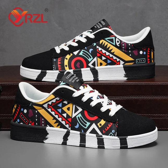 YRZL Men's Canvas Sneakers - Geometric Style Lace-Up Casual Shoes with Graffiti Design