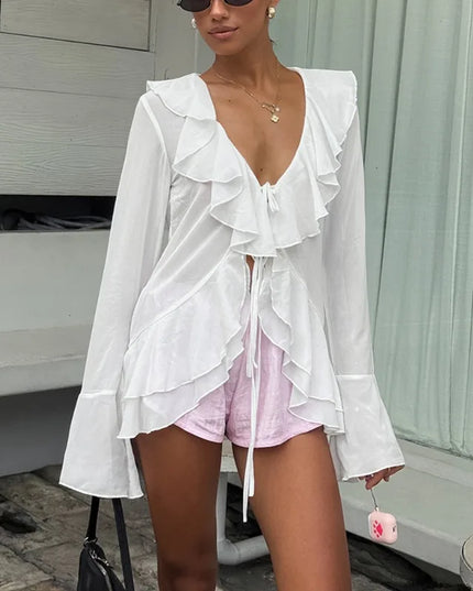 Women's V-Neck Lace-Up Ruffle Long Sleeve Blouse Loose Fit
