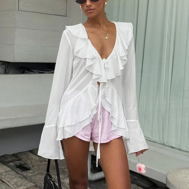 Women's V-Neck Lace-Up Ruffle Long Sleeve Blouse Loose Fit