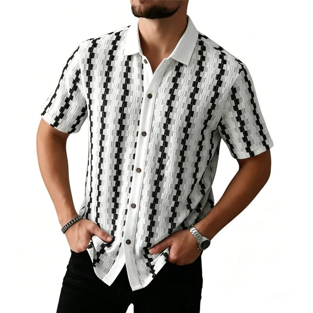 Men's Plaid Knit Short Sleeve Shirt with Lapel Collar and Button Closure